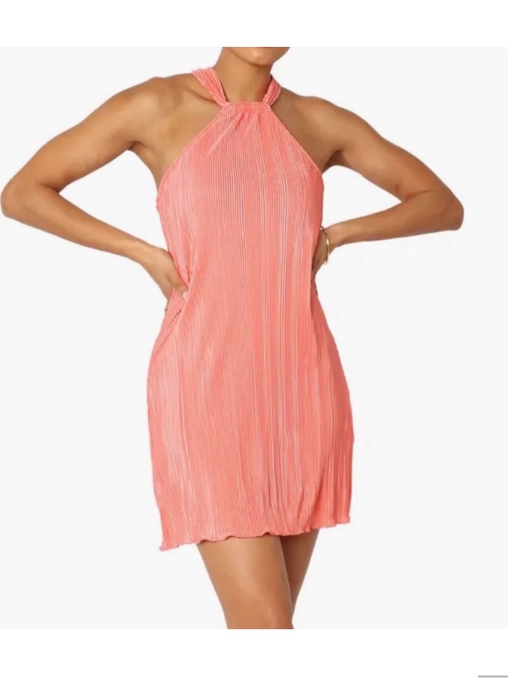 Petal and pup Coral Halter Neck Pleated Mini Dress
